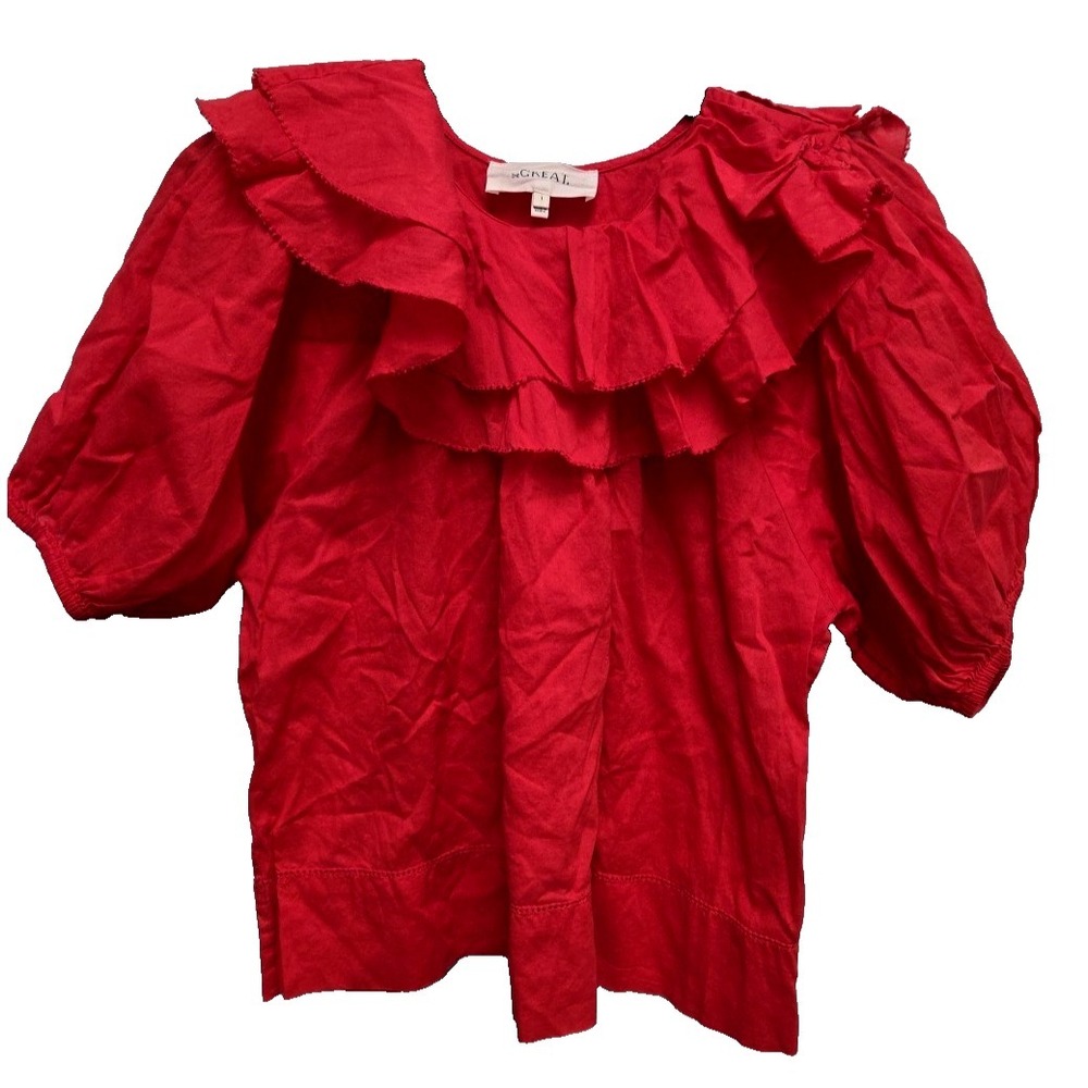The Great The‎ Sunrise Top Blouse Size 1 Sm Ruffle short sleeved red 100% Cotton